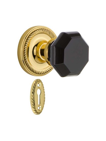 Rope Rosette Mortise Lock Set with Colored Waldorf Crystal Glass Knobs Black in Un-Lacquered Brass.